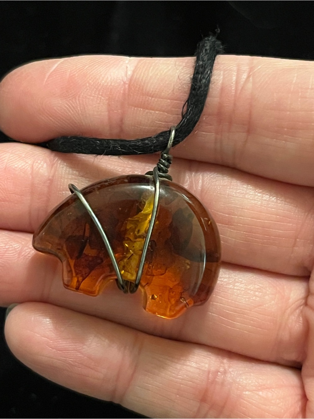 Native Amber Bear Fetish Pendant on 30” black Cord